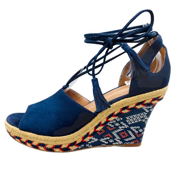 CAbi Isla‎ Wedge Espadrille Sandals 8 Navy Blue Multi Tassel Strap - Picture 1 of 16